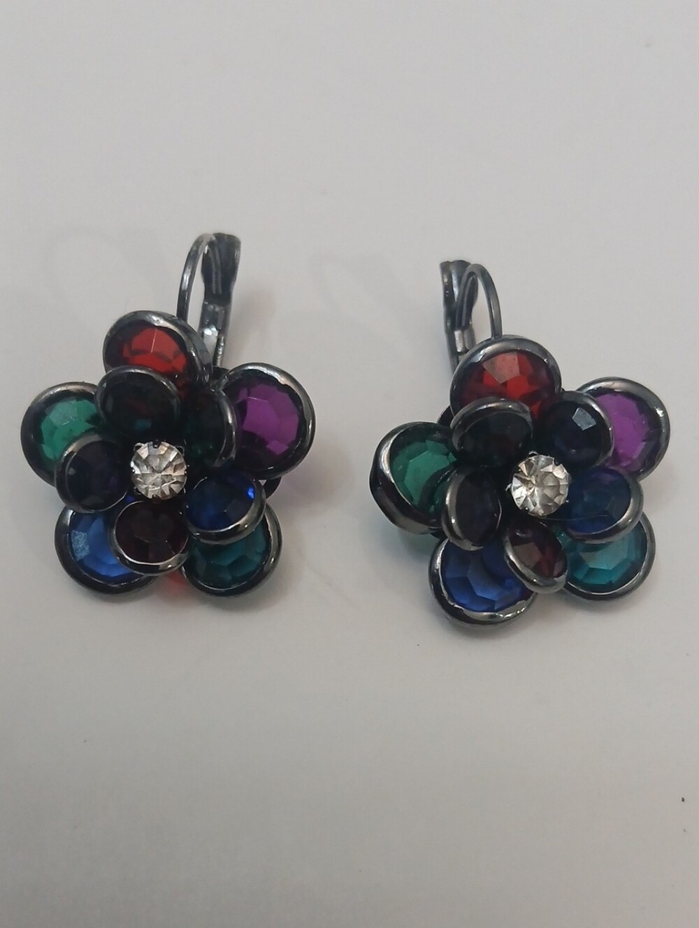 Vintage Multicolor Crystal Flower Leverback Earrings